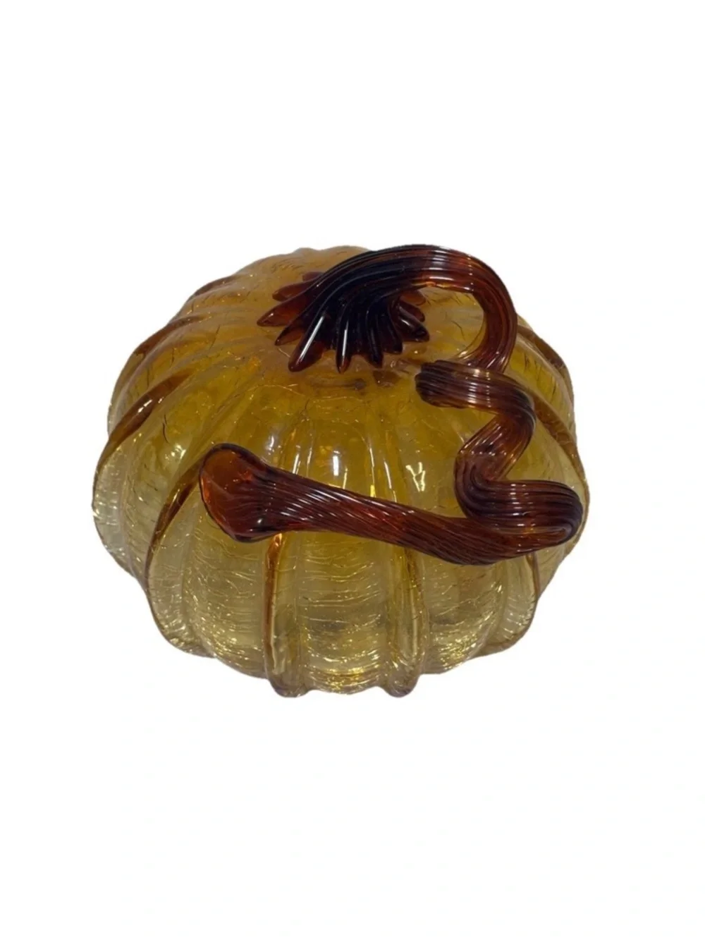 Glass Amber Pumpkin Hand Blown Crackle Finish Thanksgiving Curly Steam Pier One